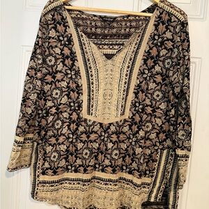 Lucky Brand Cream and White Graphic 3/4 Sleeve Tunic